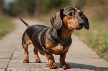 Dachshund standing on all fours, elongated body clearly visible