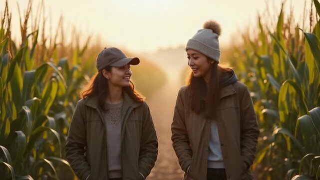 Handheld shot, Two Asian female farmers walk and talk about crops in a corn field in the cold morning. Check the health of agricultural crops