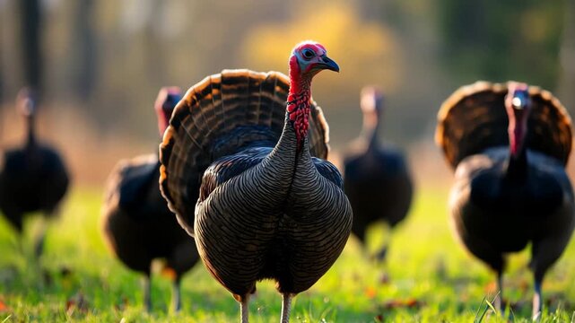 A group of stunning turkeys strides across a lush green field as the golden sun sets behind them. Their colorful plumage glistens against the backdrop of autumn colors.
