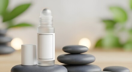 Serene spa presentation with frosted rollerball bottle and stacked zen stones, promoting wellness