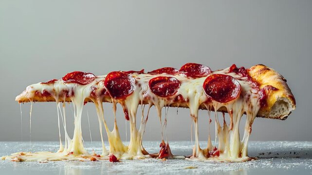 A tempting slice of pepperoni pizza drips with melty cheese as it rests on a clean surface. The golden crust and savory toppings invite anyone nearby to take a bite.