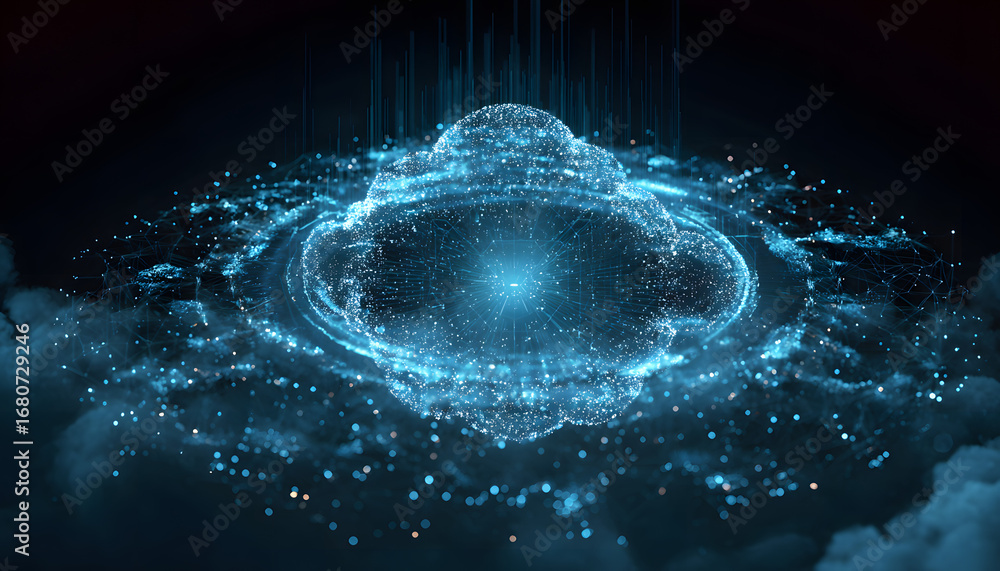 Poster digital informational technology web futuristic holoram with cloud, generativeai