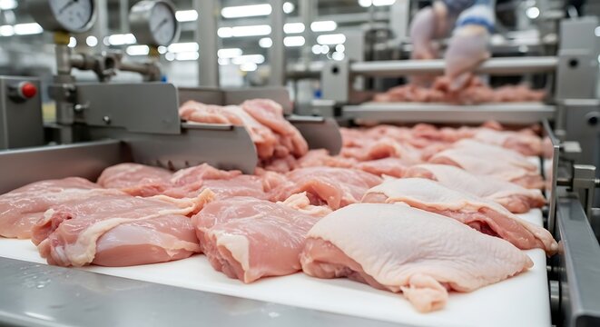 Food manufacturing of chicken meat with cutting slicing and trimming