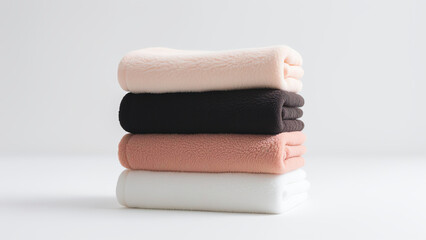 Stack of four towels in light peach, black, dark peach, and white on white background, soft lighting, photorealistic, high detail