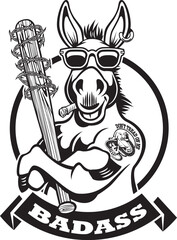 cartoon style donkey wearing sunglasses gun and holding baseball bat