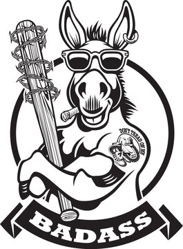 cartoon style donkey wearing sunglasses gun and holding baseball bat