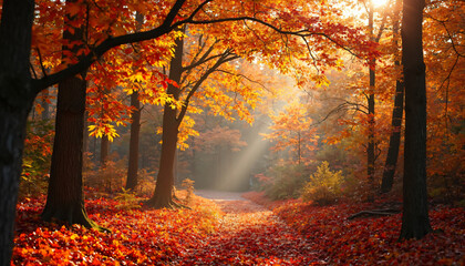 Fototapeta premium Autumn Forest Path with Sunlight and Falling Leaves