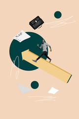 Pop banner collage of person sit run arrows with paper plan suitcase on pastel background