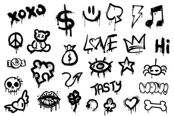 Obraz premium Set of spray paint items icons, set of black ink splashes