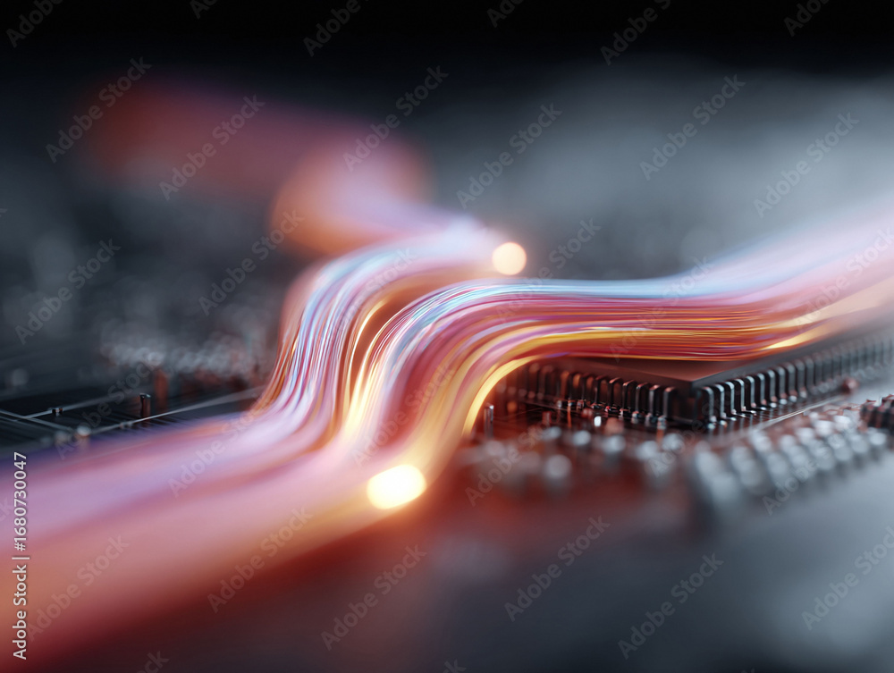 Poster abstract tech visual featuring light trails flowing over a circuit board. represents speed, data, co