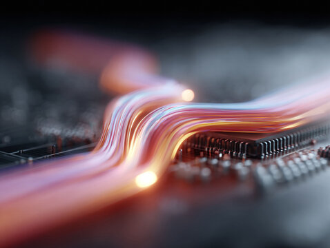 Abstract tech visual featuring light trails flowing over a circuit board. Represents speed, data, connectivity. Ideal for illustrating innovation, technology, or futuristic concepts.