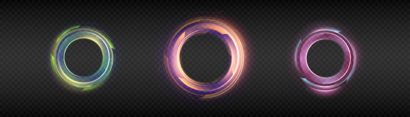 Futuristic HUD circle glowing green, orange and pink on dark background. Suitable for sci-fi style interfaces, game panels, overlays, UI design
