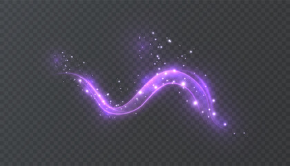 Glowing magic wand trail with sparkling purple light and bright particles on transparent background. © MAKSYM