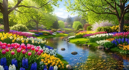 Spring Garden with Colorful Flowers and Stream.