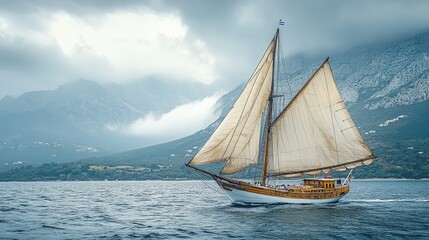 Fototapeta premium Wooden sailboat sailing on stormy sea, mountains in background