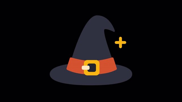 Animated witch hat with a brown belt and a golden buckle. Halloween themed animation with magic sparkles, perfect for spooky season designs.