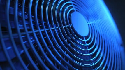 A close-up view of a blue-lit fan, highlighting its circular grille and design, conveying a sense...