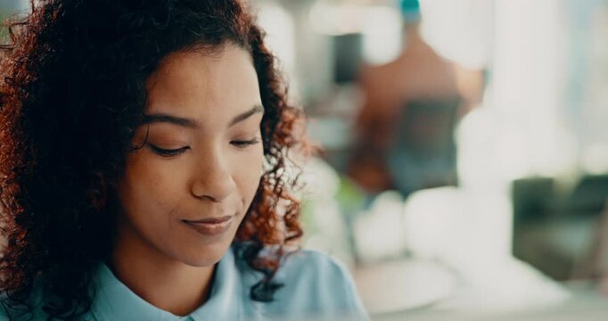 Reading, computer and research with business woman in office for web designer, planning and email. Homepage layout, project and creative with frontend developer or person in tech startup for space