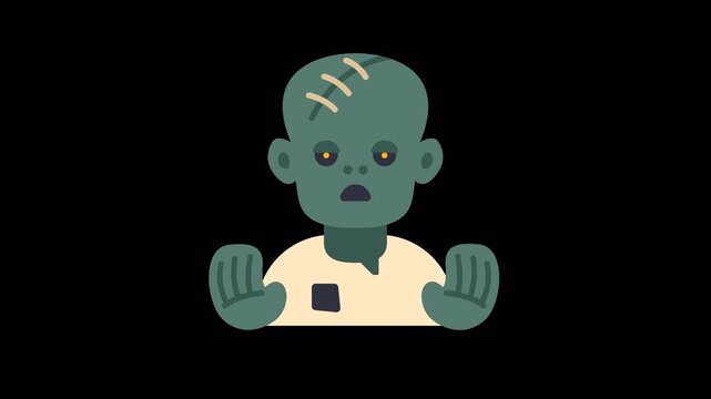 Cartoon zombie character with green skin, stitches on head, and outstretched hands, ideal for halloween or spooky themes.