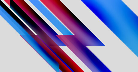 Abstract geometric design. Diagonal lines create vibrant color gradients, blending blues, reds, purples, whites. Modern, dynamic composition.
