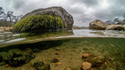 A serene underwater view showcasing a moss-covered rock and smooth pebbles beneath the surface,...