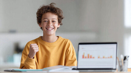 Triumphant young student celebrates success with a fist pump while studying. Illustrates achievement, home schooling, and the joy of learning. Great for educational themes.