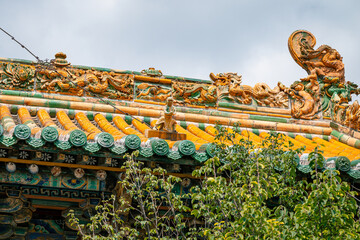Chinese traditional taoism temple roof with tree branches, Chinese garden aesthetics