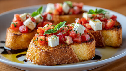 Delicious Italian bruschetta with tomatoes, feta, and basil.