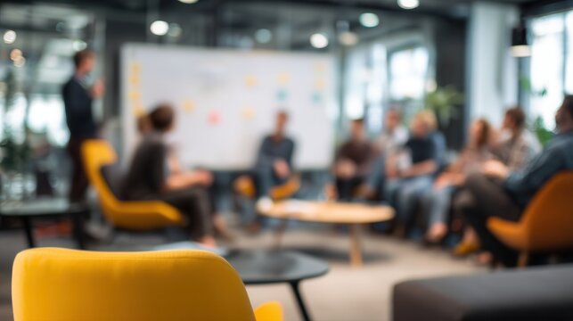 A modern meeting space with participants engaged in discussion, featuring stylish seating and a collaborative atmosphere.