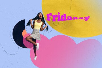 Banner 3d image pop vertical collage of happy girl guy dance retro party friday vinyl disk...