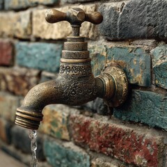 Antique brass wall faucet with water dripping