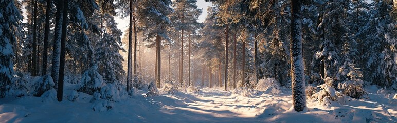Sunlit path through a snow-covered pine forest, sunlight filtering through the trees, creating a magical winter wonderland scene