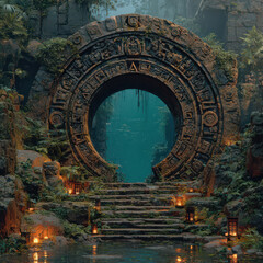 ancient jungle ruins, a massive stone ring portal with intricate Mayan/Aztec glyphs, glowing teal from 