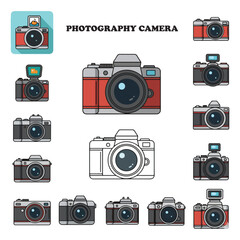 A collection of various camera illustrations, featuring different styles and colors, arranged on a white background.