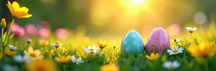 Sunrise paints pastel eggs nestled in wildflowers, vibrant green grass , Easter eggs, holiday decoration, image