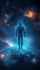 Fototapeta premium Silhouette of a Person Striding with Earth and Tech Icons Symbolizing Innovation and Progress
