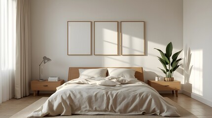 Fototapeta premium Minimalist Bedroom Interior Design: Sunlit Space with Neutral Tones and Wooden Accents