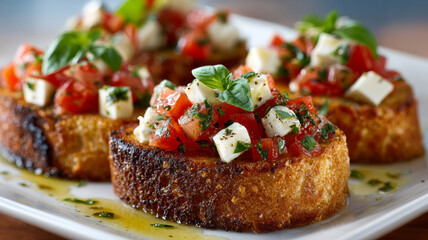 Bruschetta with fresh tomatoes, basil, and cheese on toasted bread.