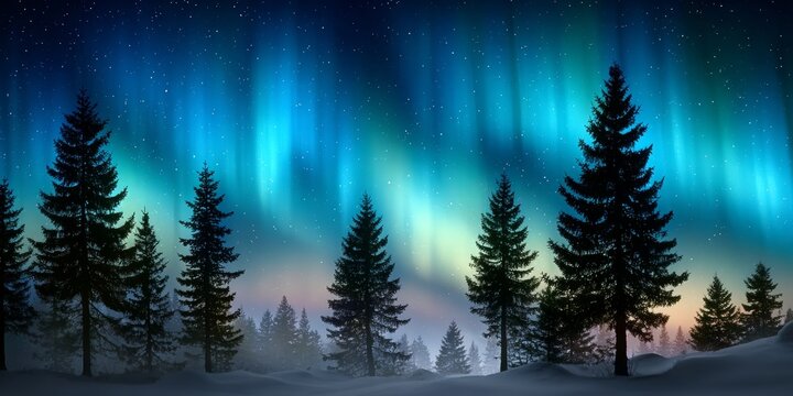 Stunning display of aurora borealis dancing above a serene winter woodland landscape at night. - Powered by Adobe