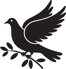 Dove of peace with an olive branch in a black and white silhouette