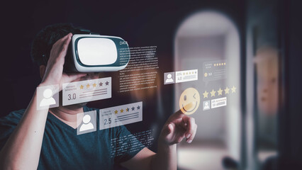 A man wears a VR headset interacting with a holographic display of customer satisfaction ratings. He points at a positive review icon, managing data in a virtual environment.