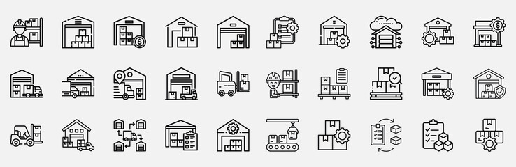 Icon TComprehensive Warehouse Icon Pack Featuring Logistics, Inventory, Cargo, Shipping, and Supply Chain Management Symbols