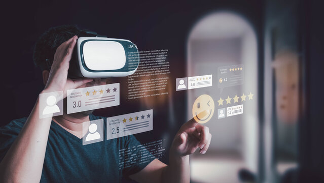 A man wears a VR headset interacting with a holographic display of customer satisfaction ratings. He points at a positive review icon, managing data in a virtual environment.