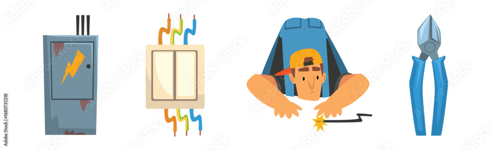 Poster man electrician character provide service fixing light vector set