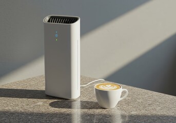 Modern Air Purifier on a Counter with a Cup of Latte in Natural Light