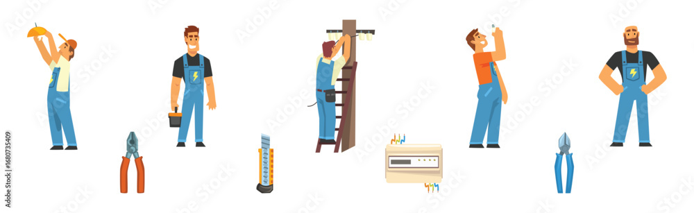 Poster man electrician character provide service fixing light vector set