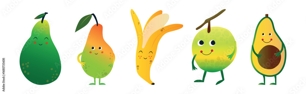 Poster different cute fruit character with smiling face vector set