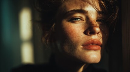 Ethereal beauty portrait of a young woman with freckles and blue eyes