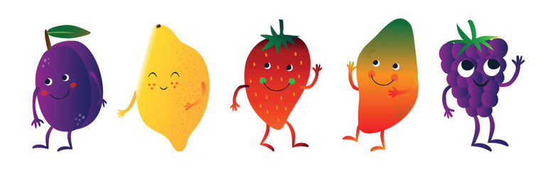 Different Cute Fruit Character with Smiling Face Vector Set