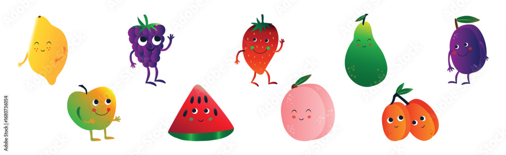 Poster different cute fruit character with smiling face vector set